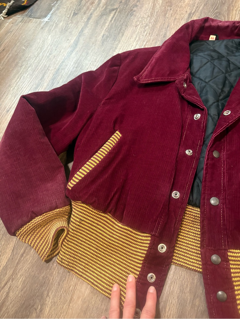 Vintage Unisex Varsity Burgundy Corduroy Bomber Jacket with Gold Trim - Picture 8 of 13